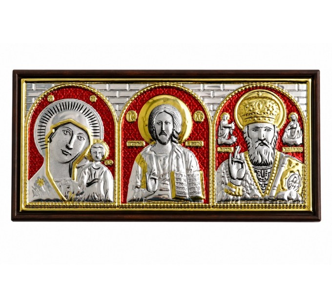 Икона в машину, триптих из метала (серебрение/цвет) на липучке, 5.5x10.5 см