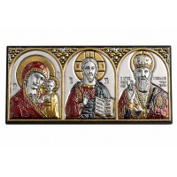 Греческая икона в машину, триптих из металла (серебрение/цвет) на липучке, 3.4x7.7 см