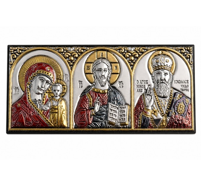 Греческая икона в машину, триптих из металла (серебрение/цвет) на липучке, 4.6x10.1 см