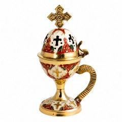 Латунная кадильница с бело-красной эмалью