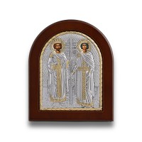 Серебренная икона Константин и Елена, деревянная основа, шелкография 