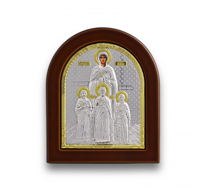 Серебренная икона Вера, Надежда, Любовь, деревянная основа, шелкография 
