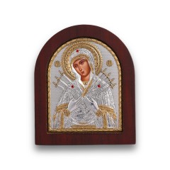 Серебренная икона Семистрельная БМ, деревянная основа, шелкография 
