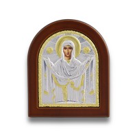 Серебренная икона Покров Пресвятой Богородицы, деревянная основа, шелкография Серебренная икона Покров Пресвятой Богородицы, деревянная основа, шелкография