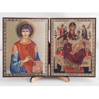 Складень деревянный 9х11 Пантелеимон и Всецарица, двухстворчатый, двойное тиснение