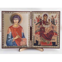 Складень деревянный 9х11 Пантелеимон и Всецарица, двухстворчатый, двойное тиснение Складень деревянный 9х11 Пантелеимон и Всецарица, двухстворчатый, двойное тиснение