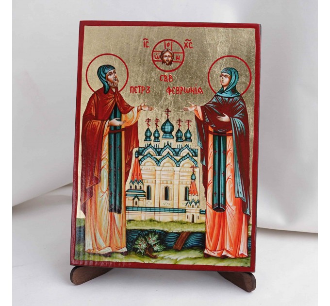 Икона Петр и Феврония на дереве, ручная отделка сусальным золотом, 17×23 см