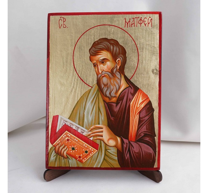 Икона Матфей апостол на дереве, ручная отделка сусальным золотом, 17×23 см