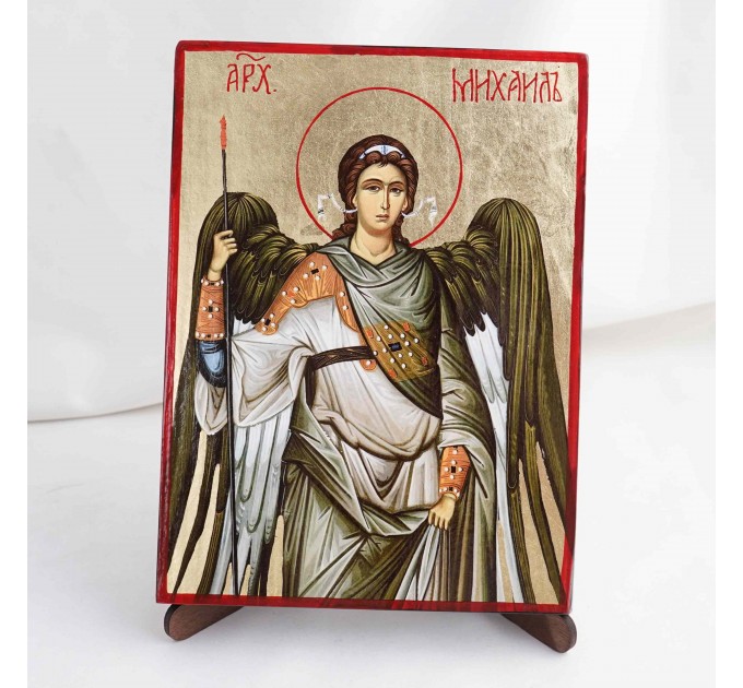 Икона Михаил Архангел на дереве, ручная отделка сусальным золотом, 17×23 см