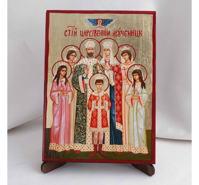 Икона Царская Семья на дереве, ручная отделка сусальным золотом, 17×23 см
