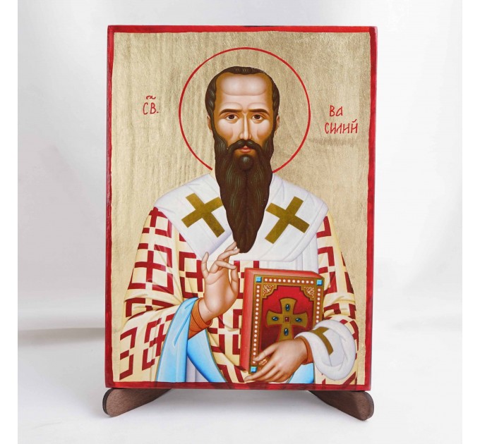 Икона Василий Великий на дереве, ручная отделка сусальным золотом, 17×23 см