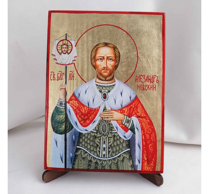Икона Александр Невский на дереве, ручная отделка сусальным золотом, 17×23 см