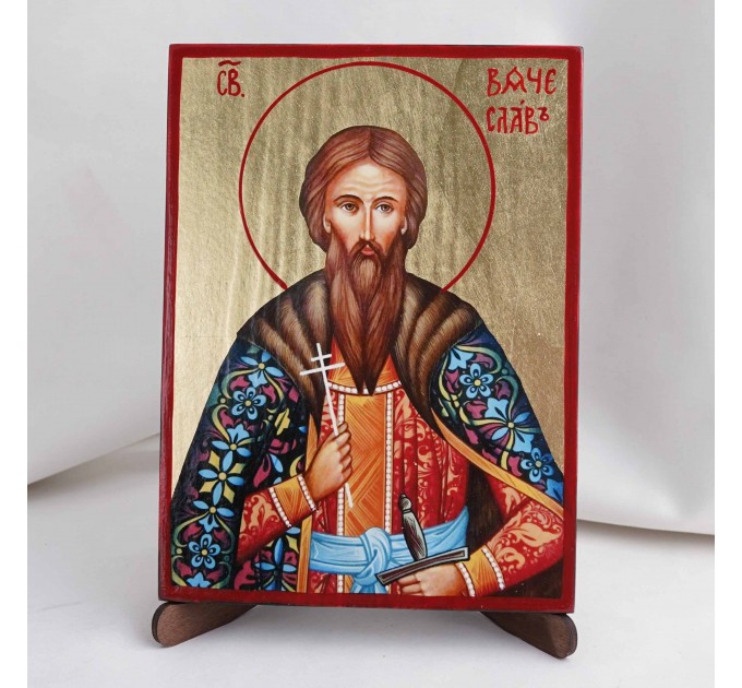Икона Вячеслав на дереве, ручная отделка сусальным золотом, 17×23 см