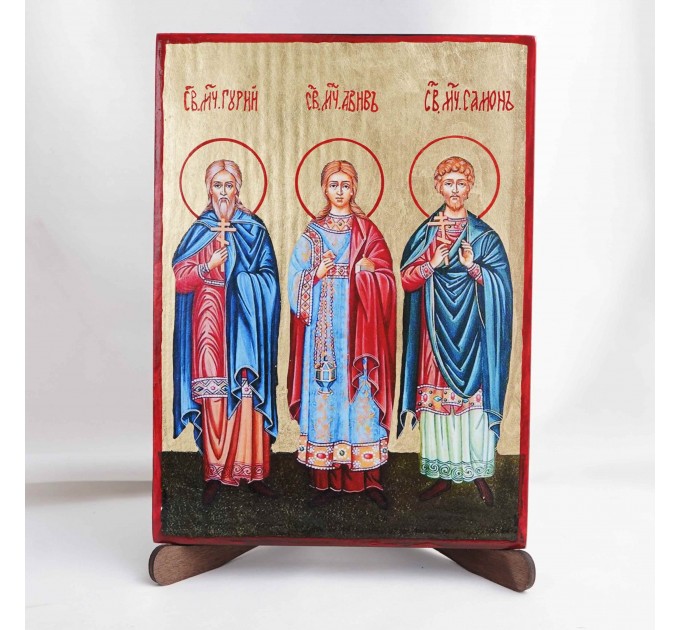 Икона Гурий, Самон, Авив на дереве, ручная отделка сусальным золотом, 17×23 см