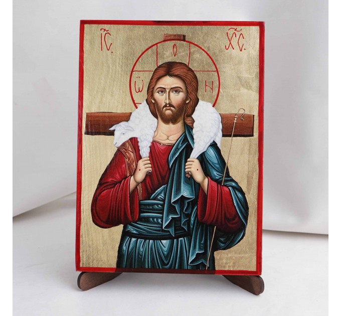 Икона Добрый Пастырь на дереве, ручная отделка сусальным золотом, 17×23 см