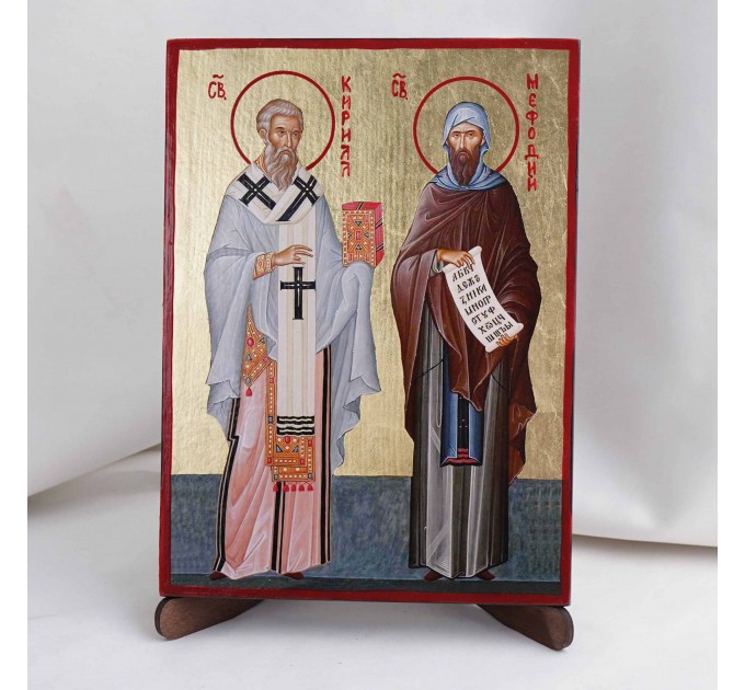Икона Кирилл и Мефодий на дереве, ручная отделка сусальным золотом, 17×23 см