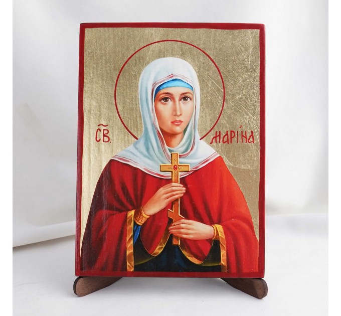 Икона Марина на дереве, ручная отделка сусальным золотом, 17×23 см