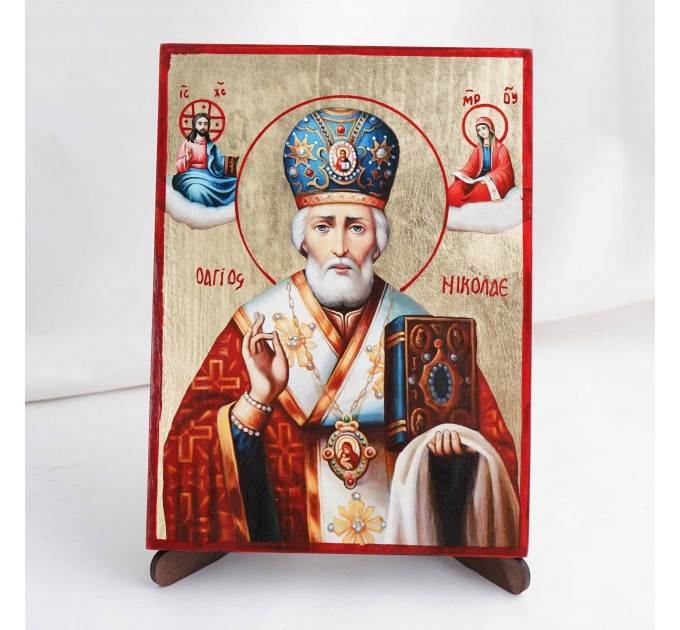 Икона Николай Чудотворец на дереве, ручная отделка сусальным золотом, 17×23 см
