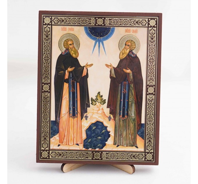 Икона Зосима и Савватий на дереве №182 13х16 с двойным тиснением