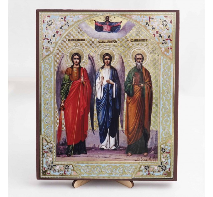 Икона Архангел Михаил, Ангел Хранитель, Матфей апостол на дереве №21 17х21 с двойным тиснением