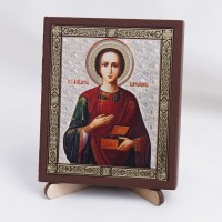 Икона Пантелеимон на дереве №85 9х11 с двойным тиснением