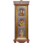 Тройной киот с иконами Спасителя, "Казанской" Божией Матерью, свт. Николаем Мирликийским в посеребренной ризе (окладе), Р-219