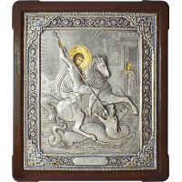 Георгий Победоносец, св. вмч., в посеребренной ризе (окладе) на доске, Р-200Д Георгий Победоносец, св. вмч., в посеребренной ризе (окладе) на доске, Р-200Д