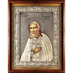 Икона святого преподобного батюшки Серафима Саровского | Посеребренный оклад (риза) | В киоте | Р-261К Икона святого преподобного батюшки Серафима Саровского | Посеребренный оклад (риза) | В киоте | Р-261К