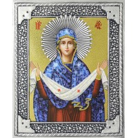 Посеребренный оклад (Икона БОЖИЕЙ МАТЕРИ "ПОКРОВ ПРЕСВЯТОЙ БОГОРОДИЦЫ"), Р-58-УЛН (03П2)