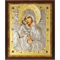 Икона Божией Матери "Донская" в посеребренной ризе (окладе) в киоте, Р-90.7К