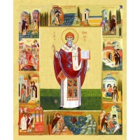 Икона с житием святителя Спиридона Тримифунтского, чудотворца с золочением поталью, 06015-УЛ